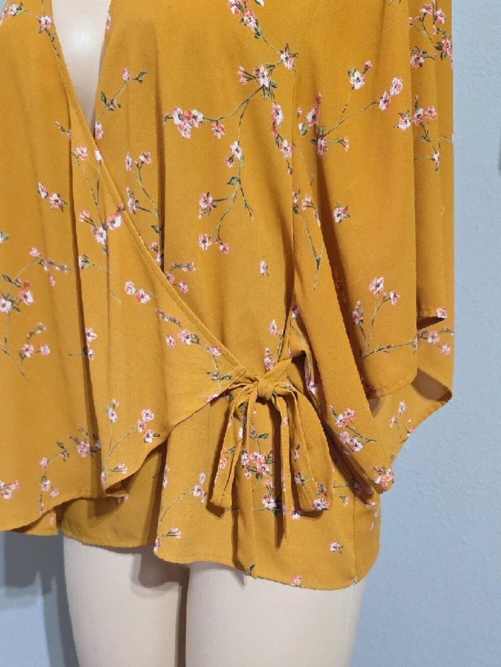 Express Mustard Floral Side-Tie Wrap Top Size L - Picture 5 of 12